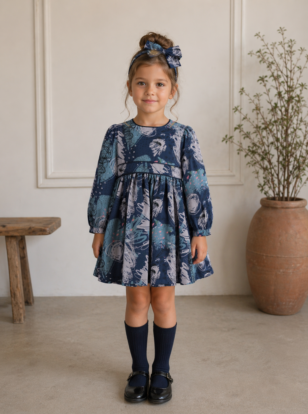 🎨 Abstract Winter Print Dress + Hair Bow (2 Colors) | Monnarosa Milano