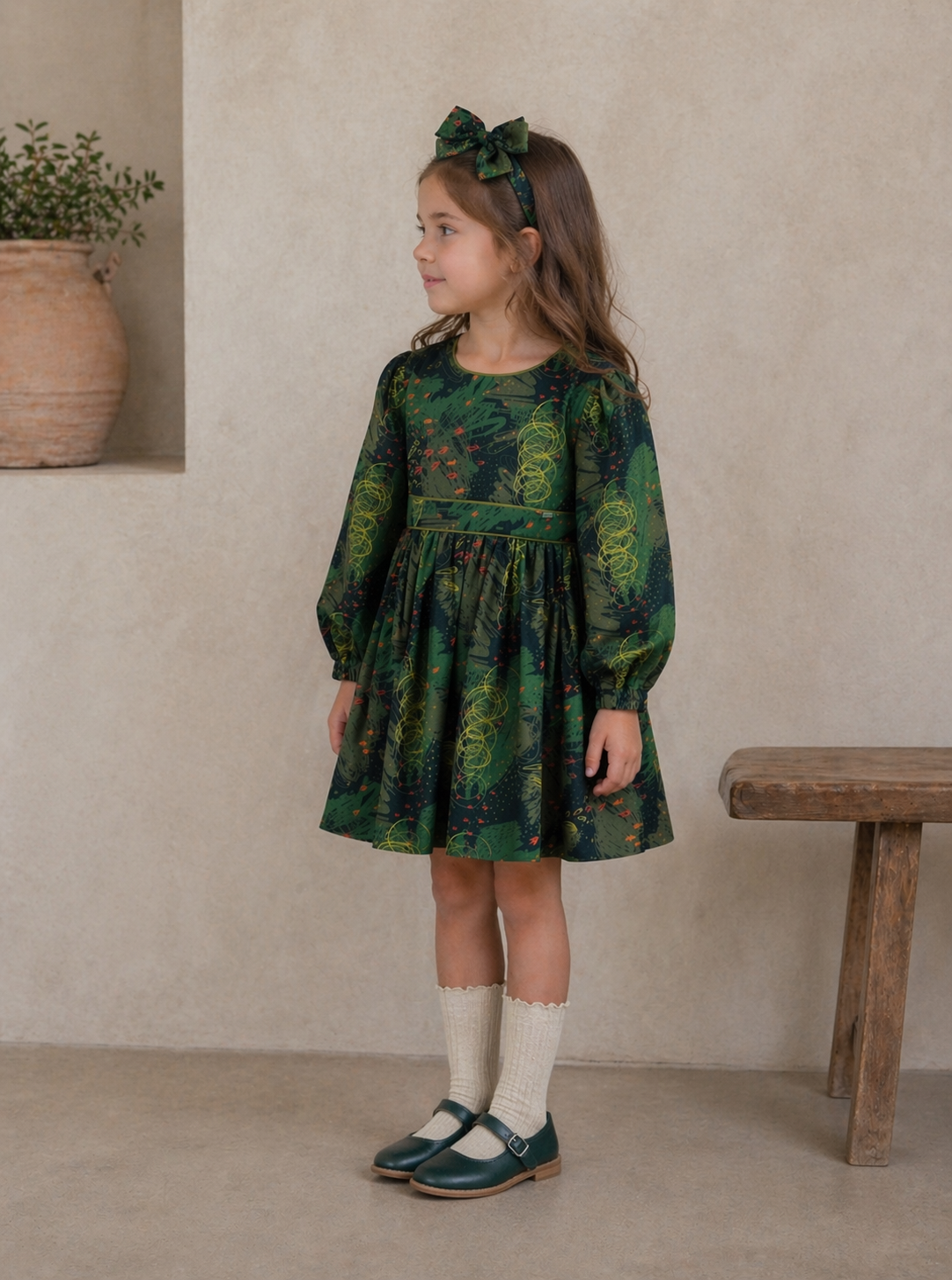 🎨 Abstract Winter Print Dress + Hair Bow (2 Colors) | Monnarosa Milano
