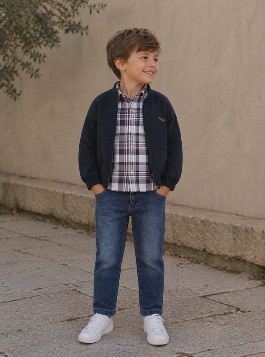 Navy Jacket, Plaid Shirt & Jeans Set