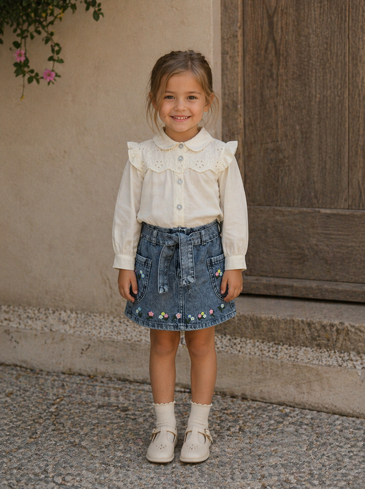 Ecru Shirt and embroidered skirt set
