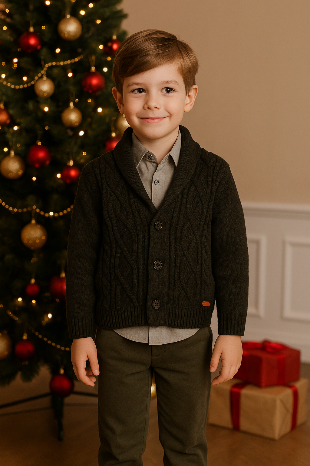 Knit Cardigan, Shirt & Checked Pants Set