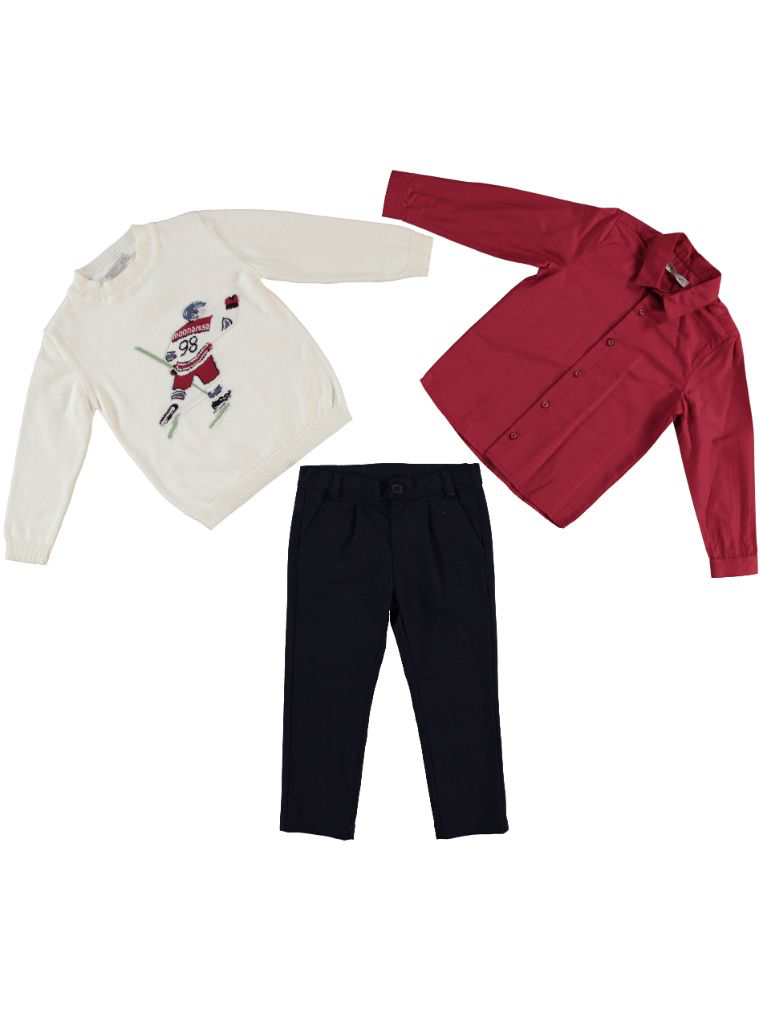 🏒 Holiday Smart 3-Piece Set: Hockey Sweater, Red Shirt & Navy Trousers | Monnarosa Milano