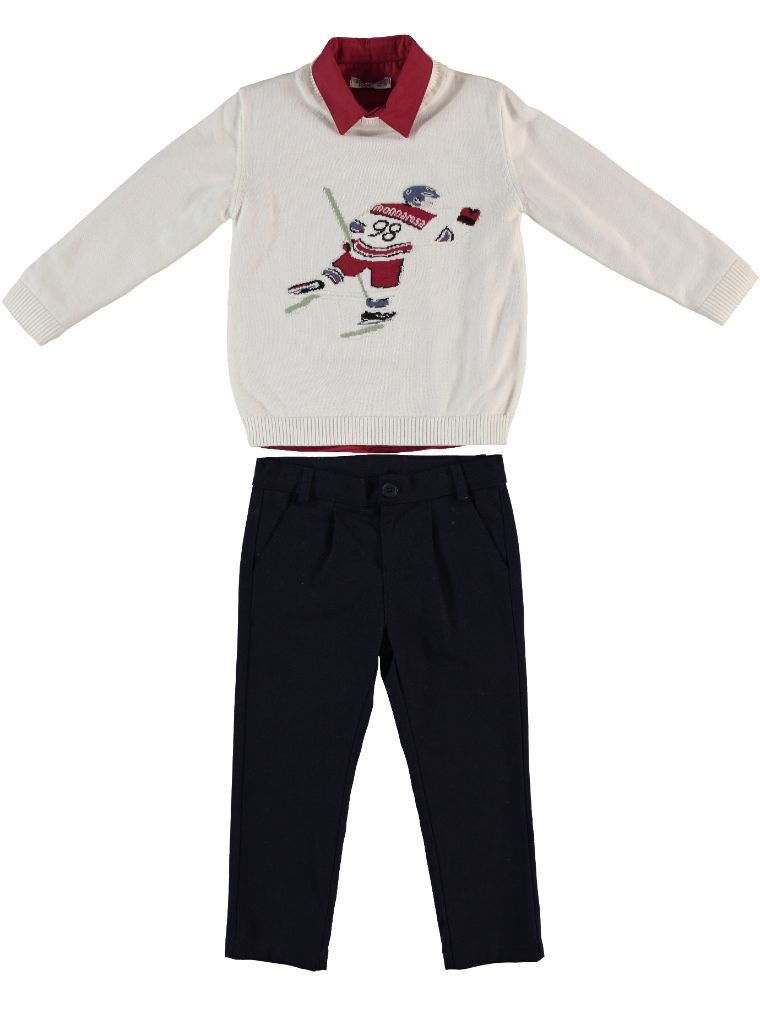 🏒 Holiday Smart 3-Piece Set: Hockey Sweater, Red Shirt & Navy Trousers | Monnarosa Milano