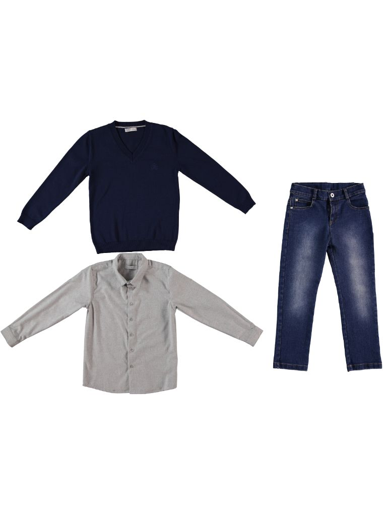 Knit Sweater, Shirt & Jeans Set