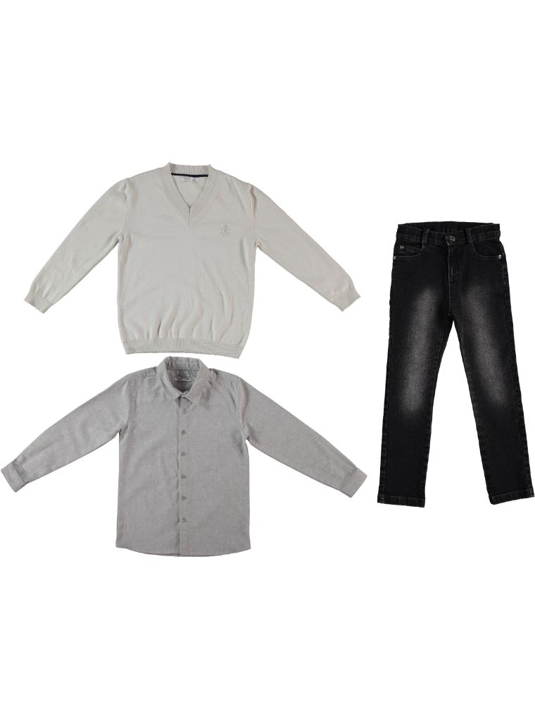 Knit Sweater, Shirt & Jeans Set