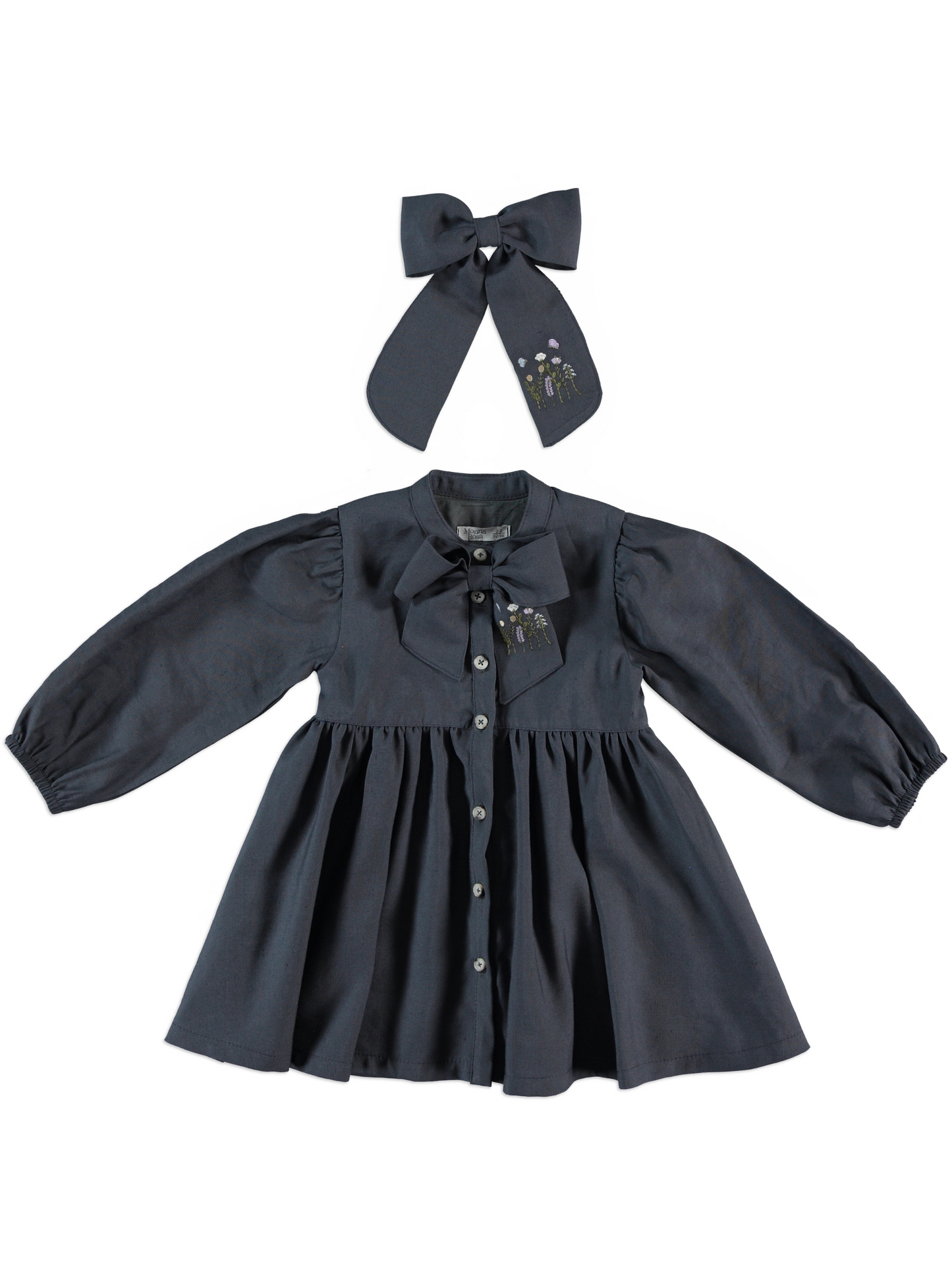🌸 Charcoal Embroidered Bow Dress + Hair Bow Set |Monnarosa Milano