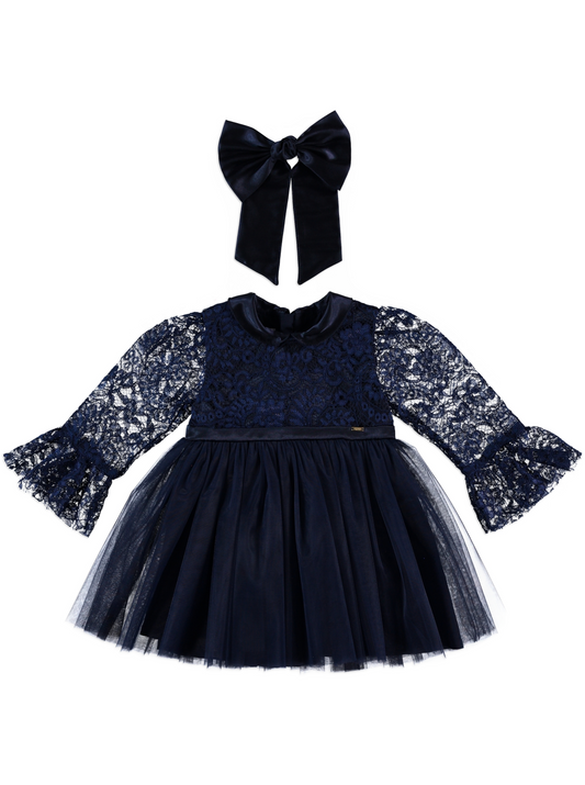 💙 Midnight Lace & Tulle Party Dress + Satin Bow Set | Monnarosa Milano