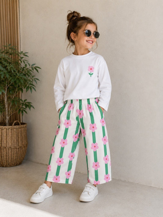 Green Flowers Balloon Pants Set