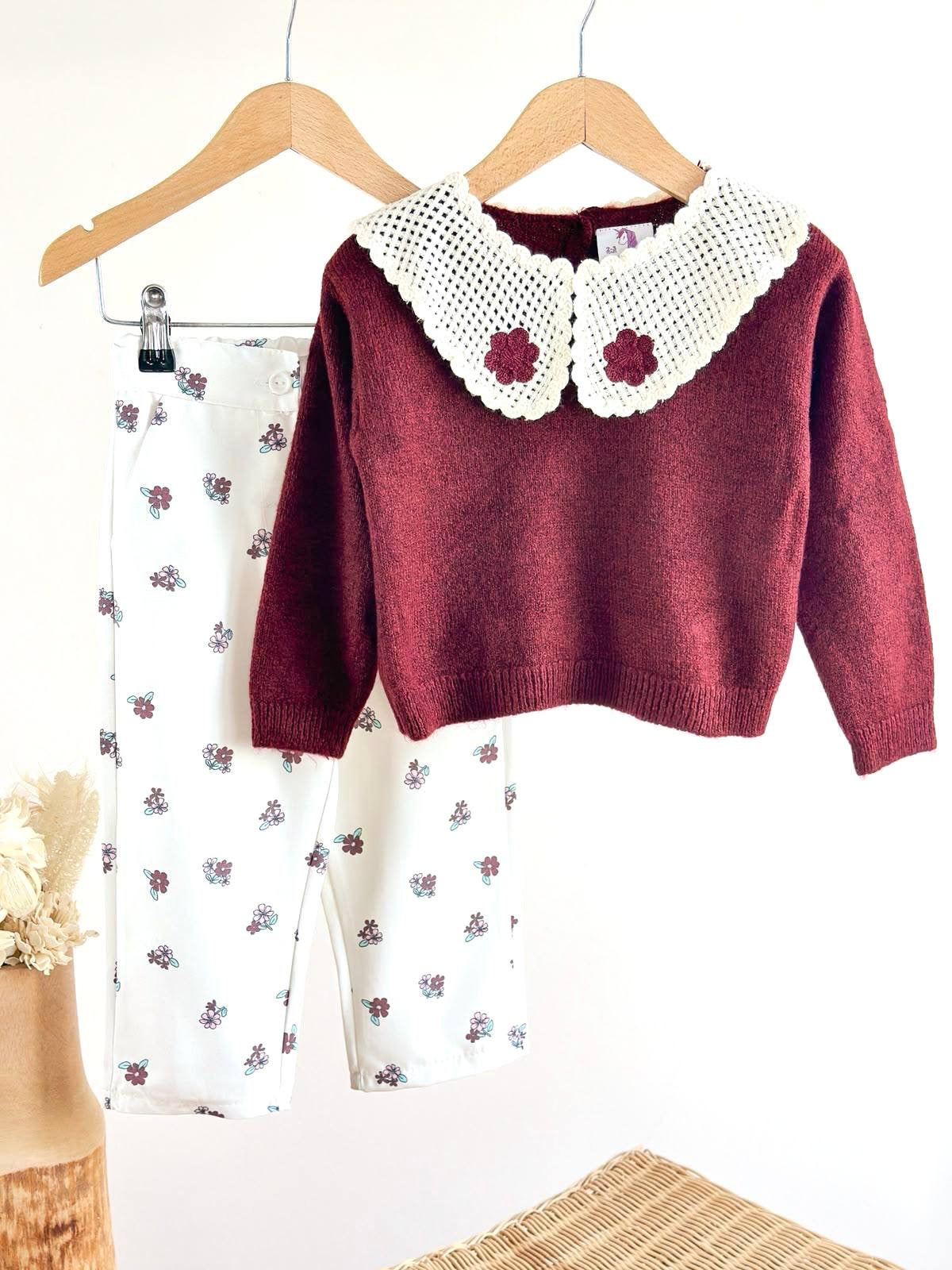 Burgundy Collared Jumper & Pants Set