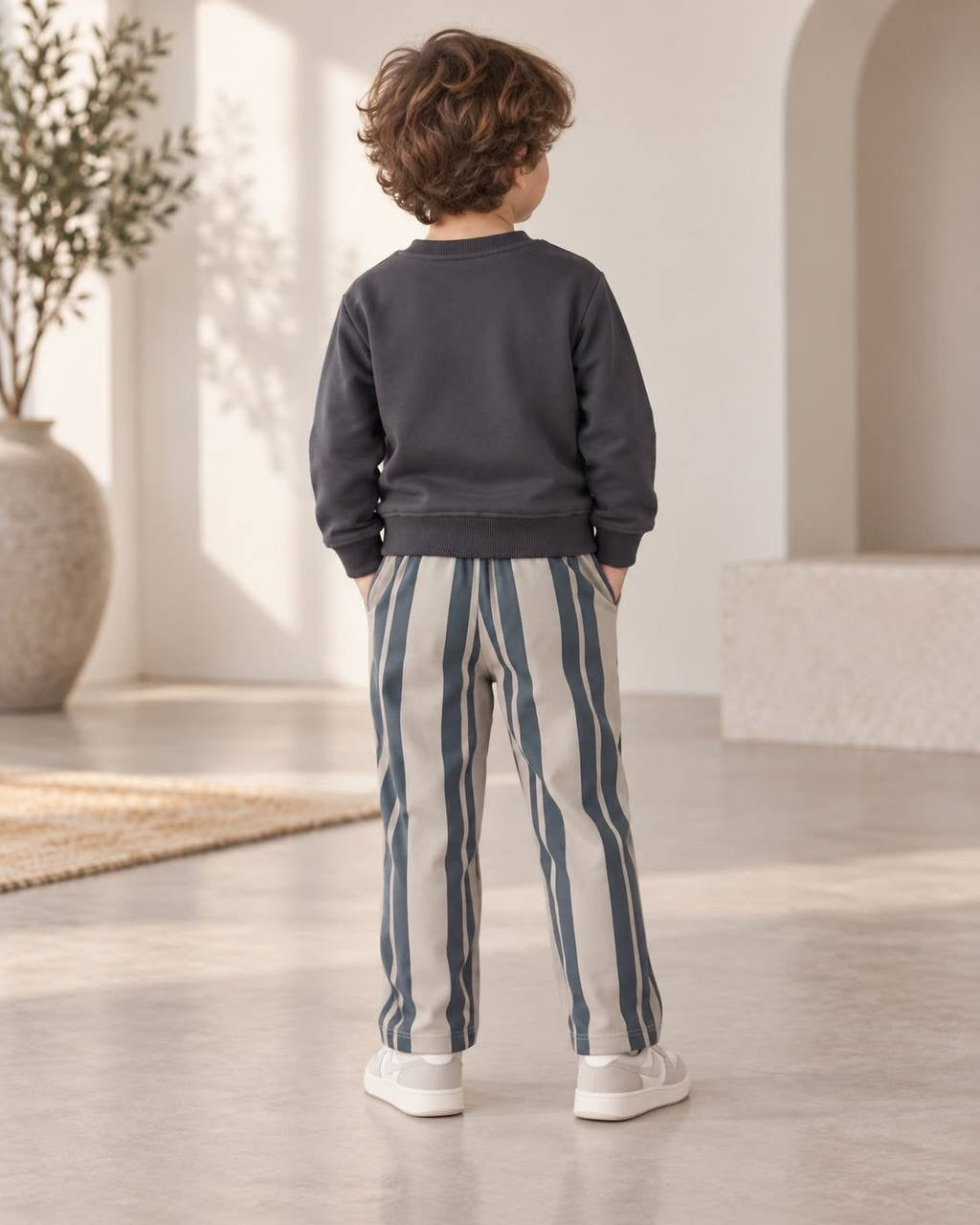 Gray Basic Wide Leg Striped Set