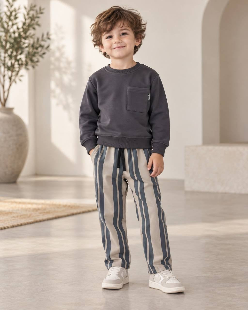 Gray Basic Wide Leg Striped Set