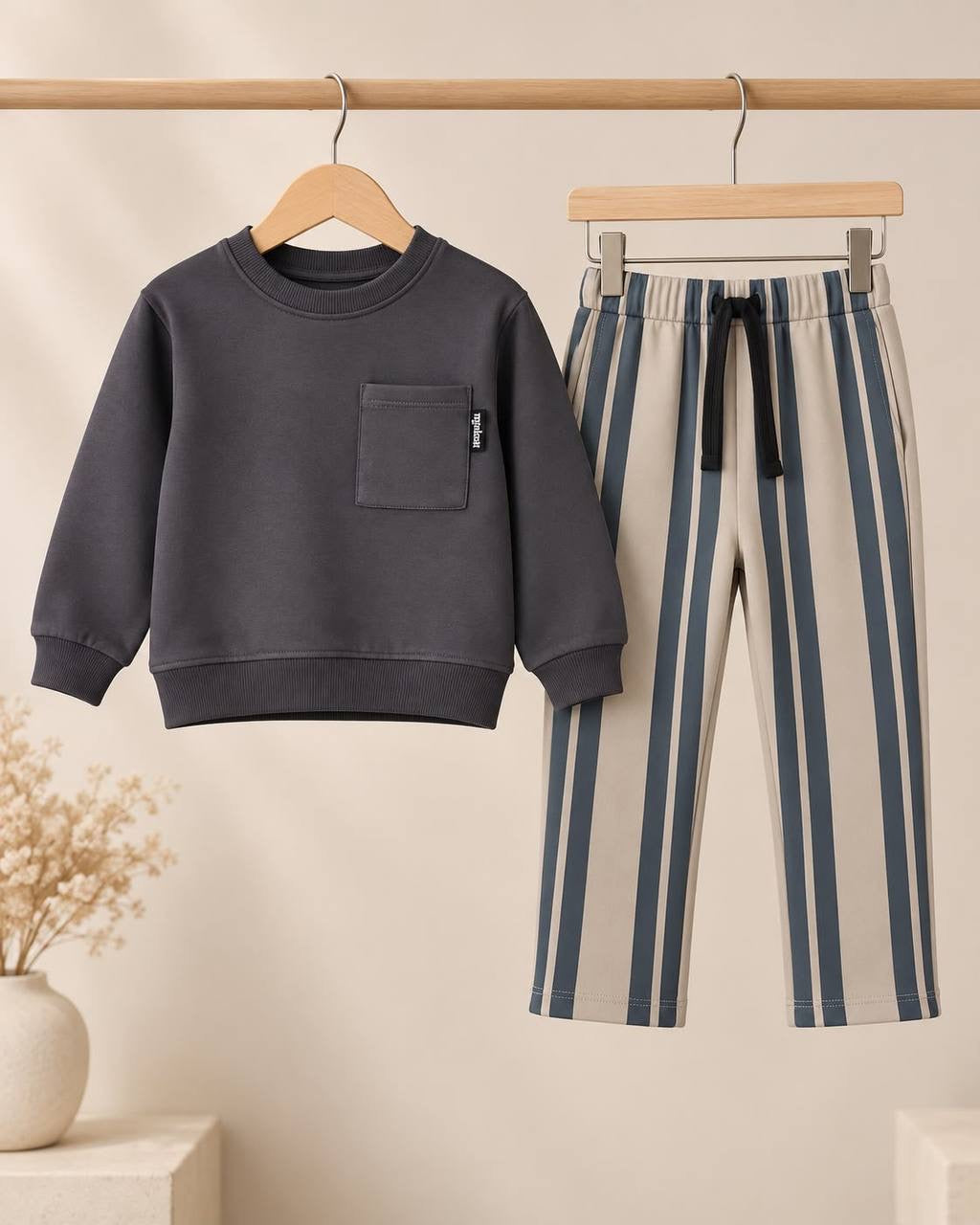 Gray Basic Wide Leg Striped Set