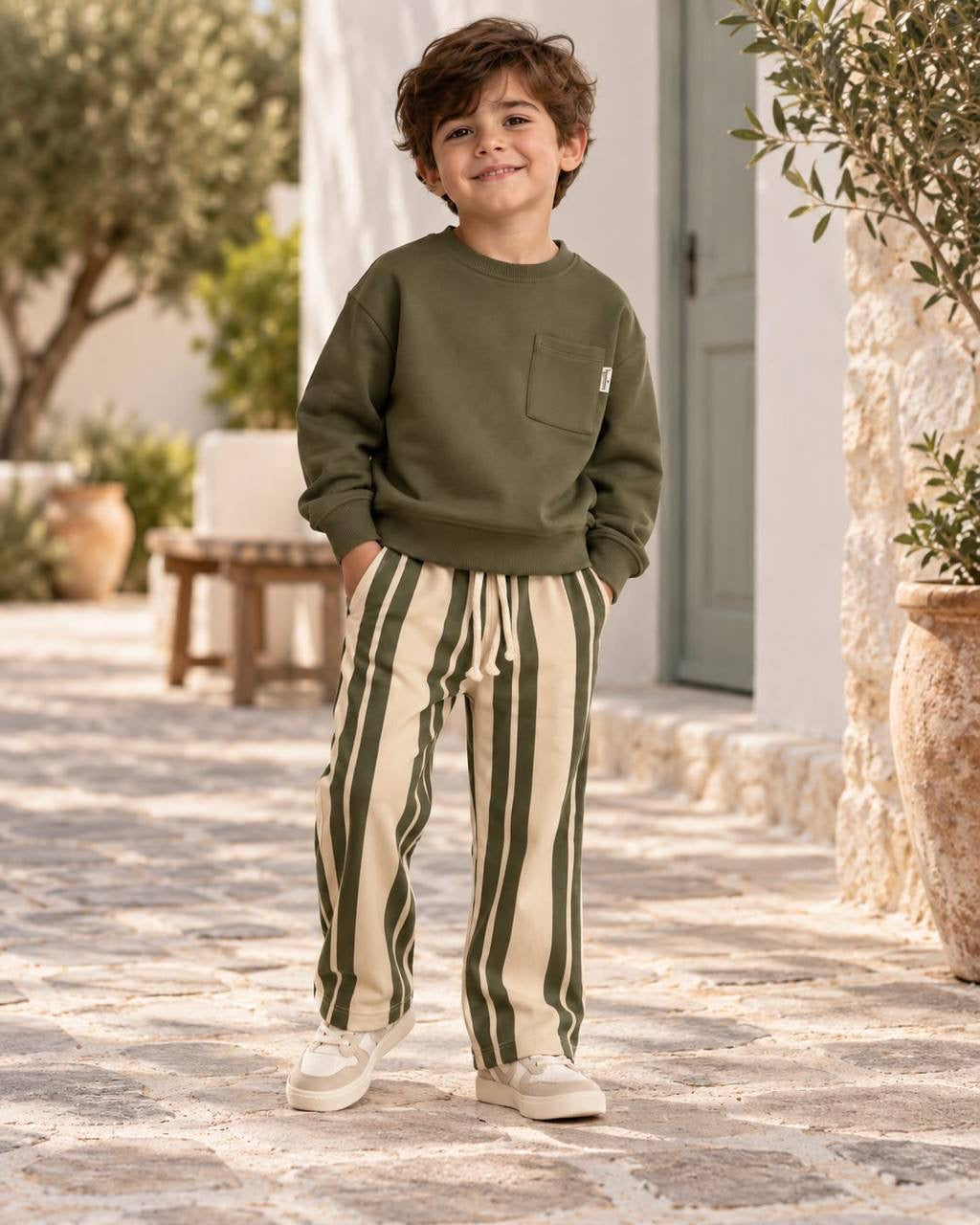Green Basic Wide Leg Striped Set