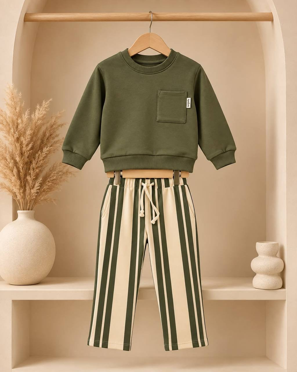 Green Basic Wide Leg Striped Set