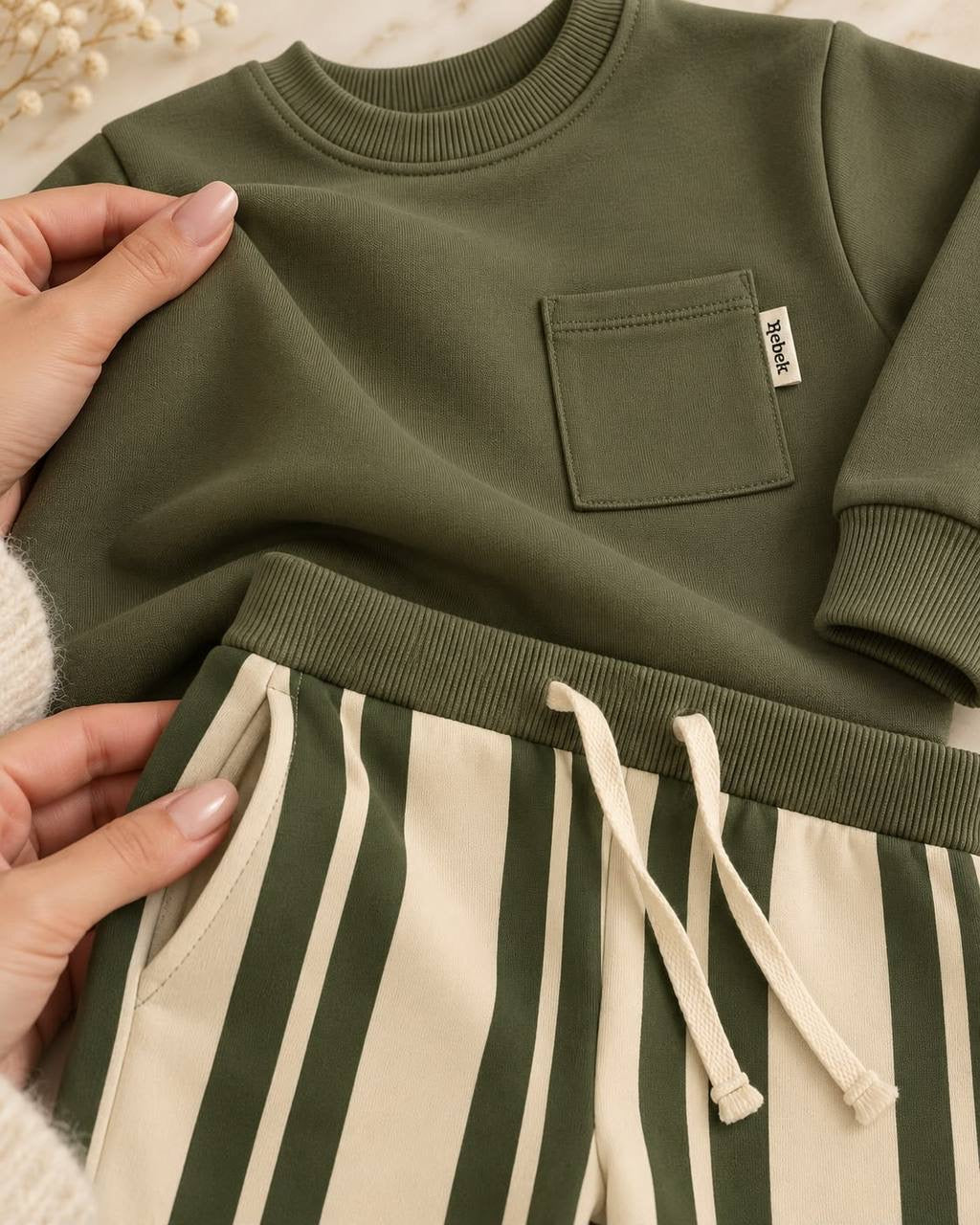 Green Basic Wide Leg Striped Set