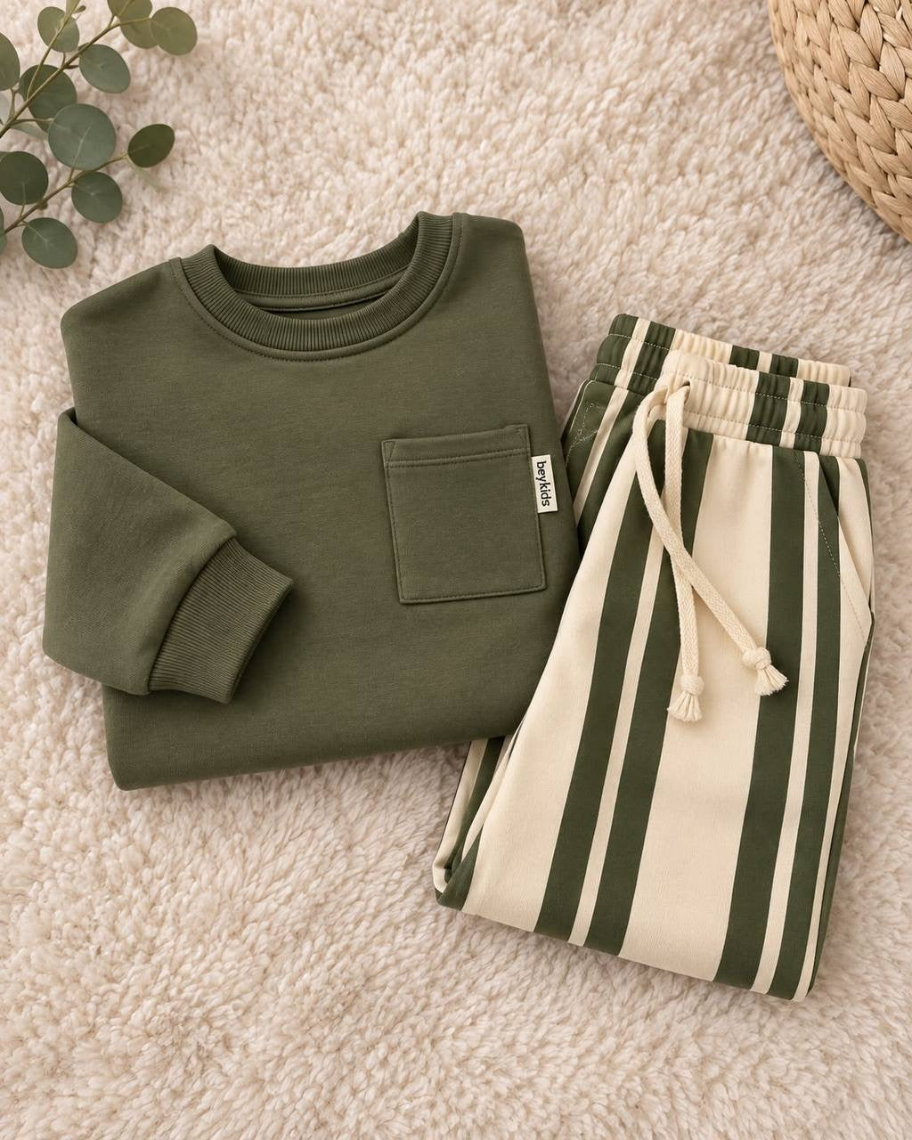 Green Basic Wide Leg Striped Set