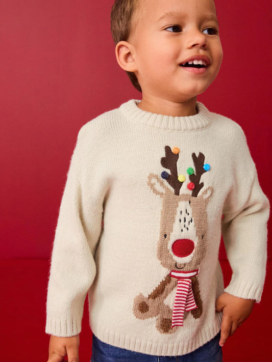 🦌 Pom-Pom Reindeer Cream Christmas Sweater | Original Next