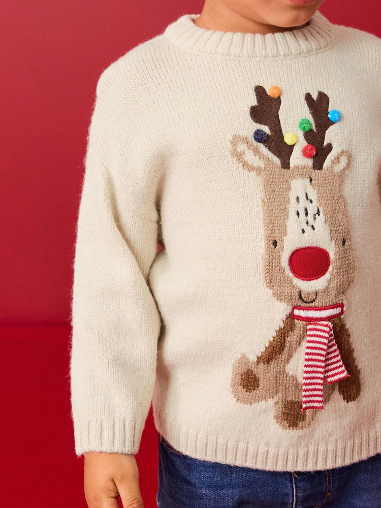 🦌 Pom-Pom Reindeer Cream Christmas Sweater | Original Next