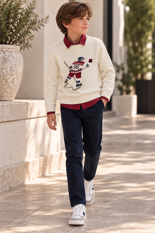 🏒 Holiday Smart 3-Piece Set: Hockey Sweater, Red Shirt & Navy Trousers | Monnarosa Milano