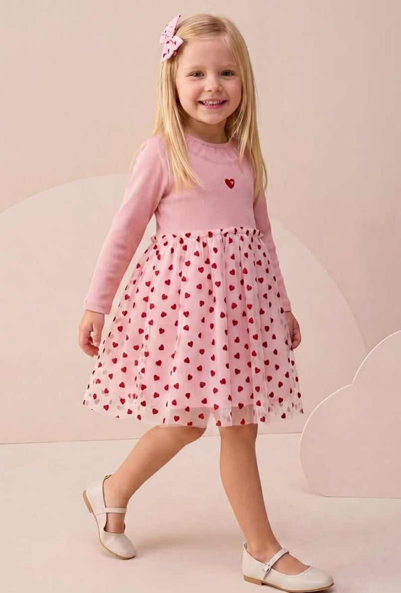 Pink & Red Hearts Tulle Dress + Hair Accessory