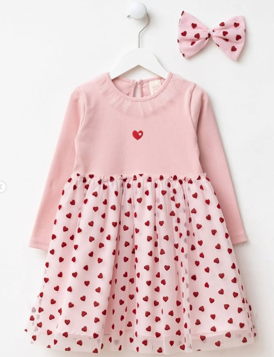 Pink & Red Hearts Tulle Dress + Hair Accessory