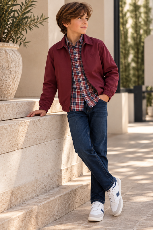 Burgundy Jacket, Plaid Shirt & Jeans Set
