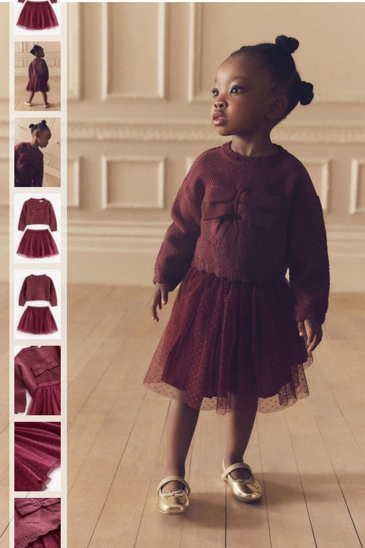 🎀 Burgundy Bow Knit Sweater & Tulle Skirt Set | Original Next