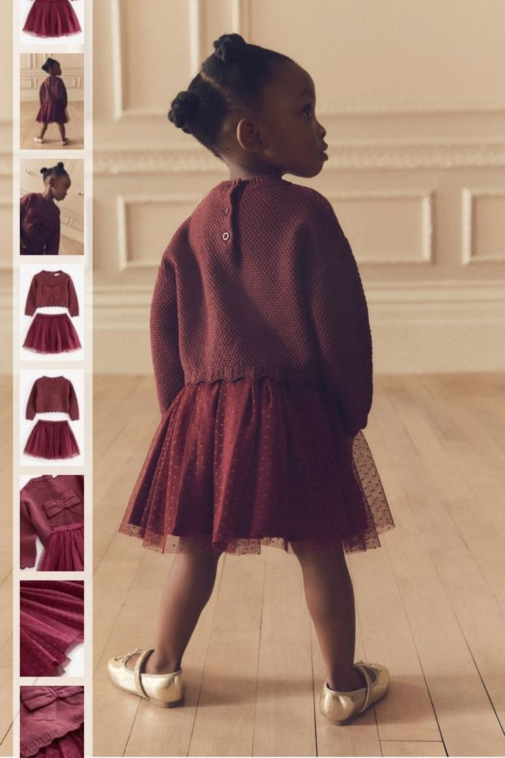 🎀 Burgundy Bow Knit Sweater & Tulle Skirt Set | Original Next