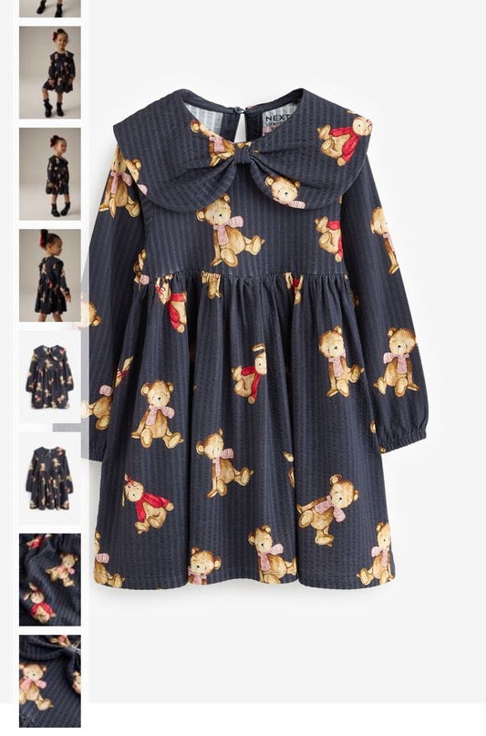 🧸 Teddy Bow-Collar Holiday Dress (Navy) | Original Next