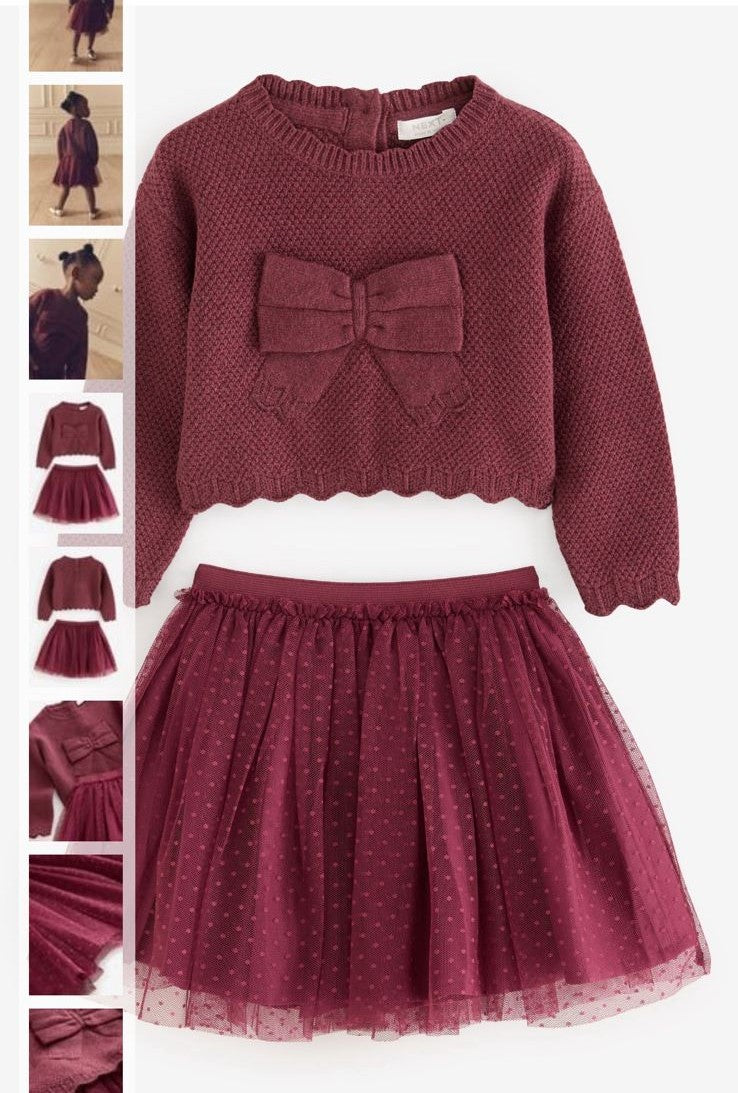 🎀 Burgundy Bow Knit Sweater & Tulle Skirt Set | Original Next