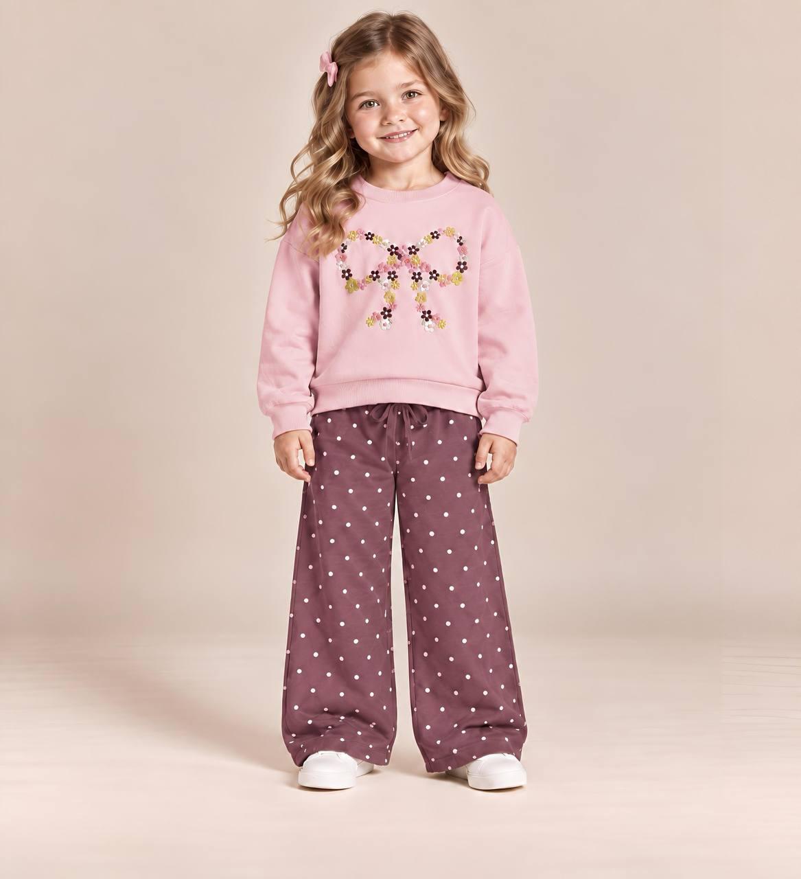Bow Sweatshirt & Polka Pants Set