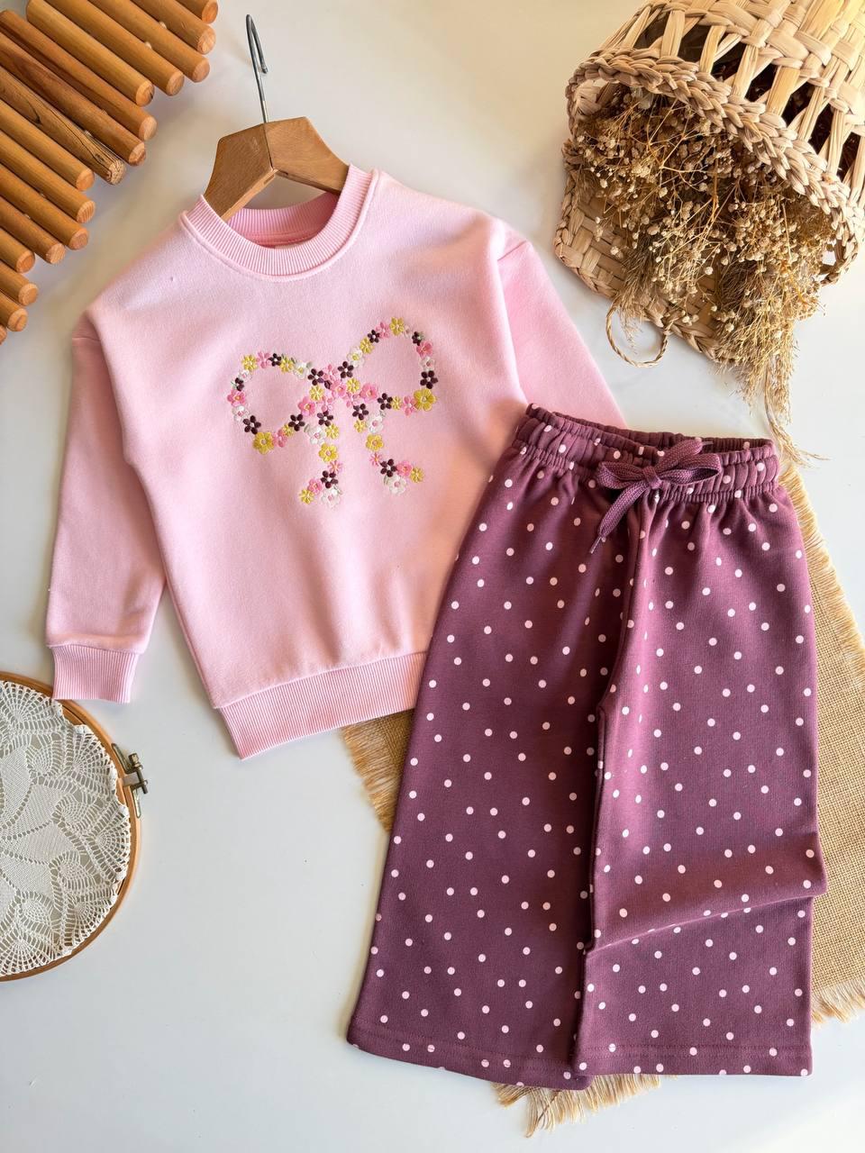 Bow Sweatshirt & Polka Pants Set