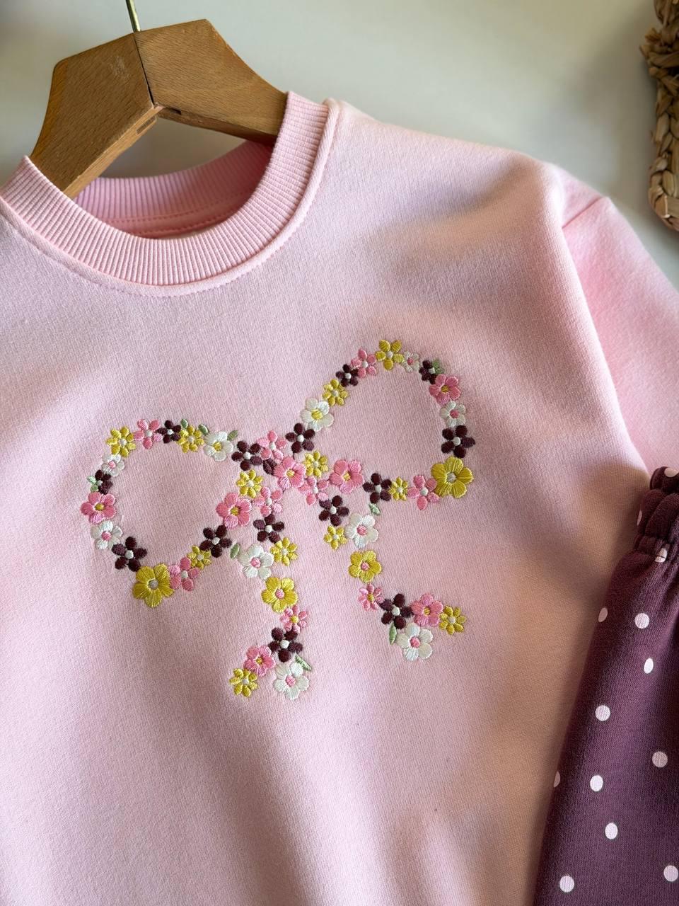 Bow Sweatshirt & Polka Pants Set