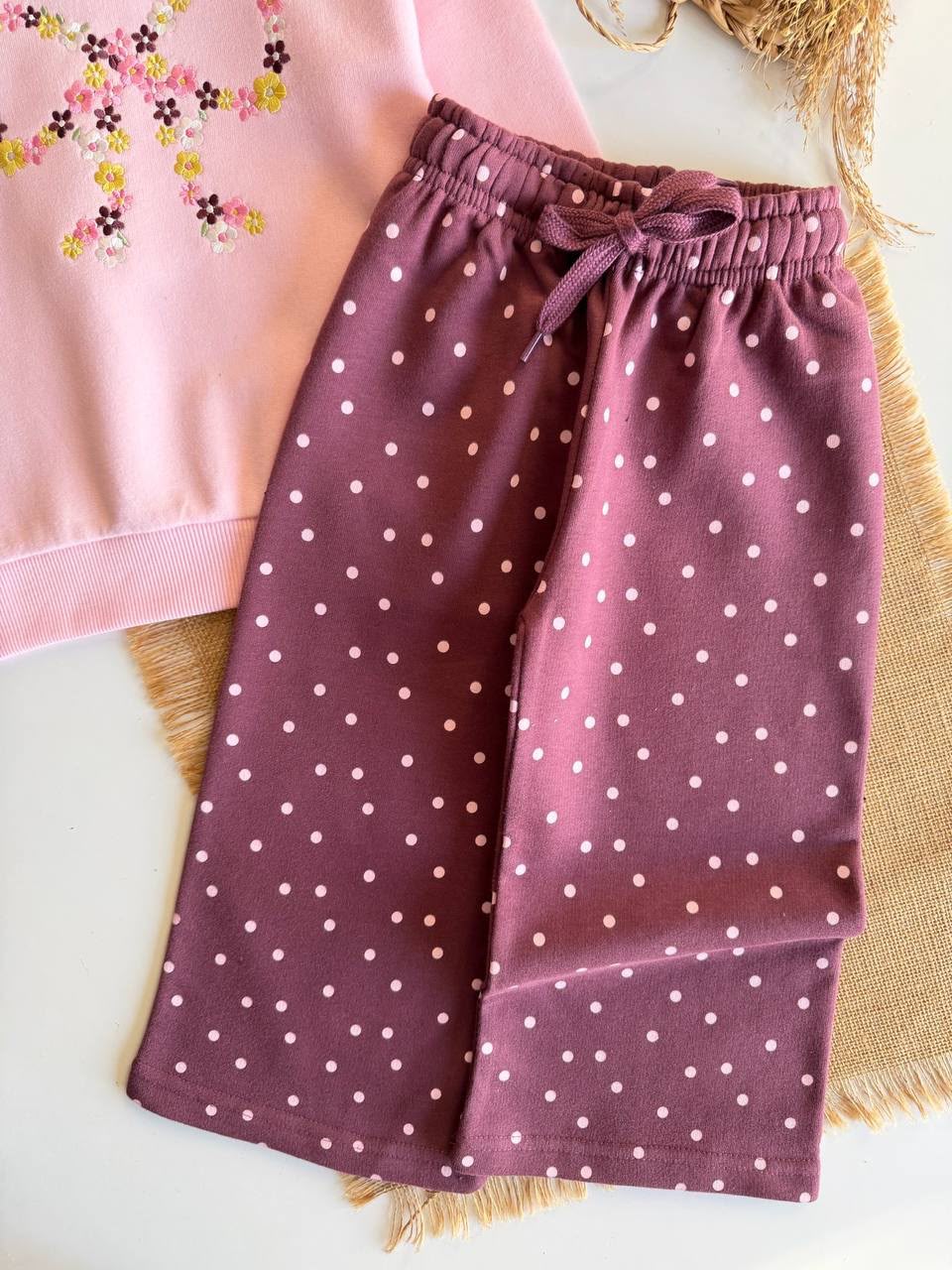 Bow Sweatshirt & Polka Pants Set