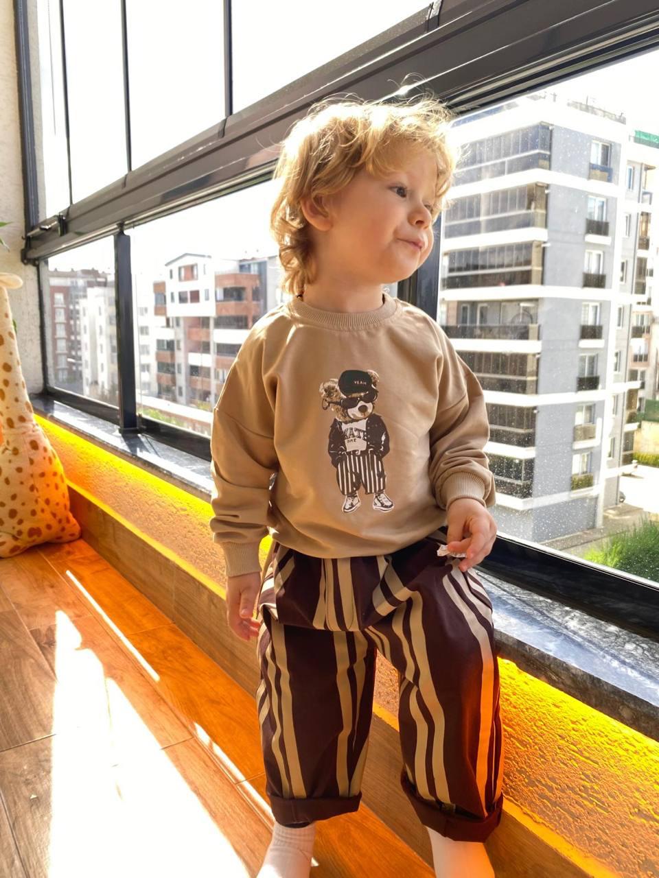 Striped Denim Pants Bear Set