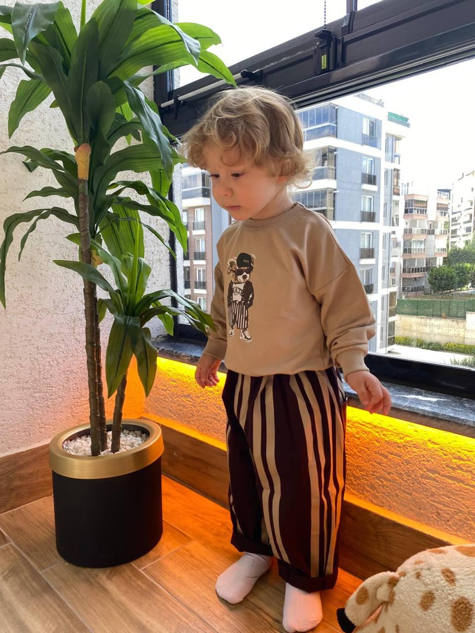 Striped Denim Pants Bear Set