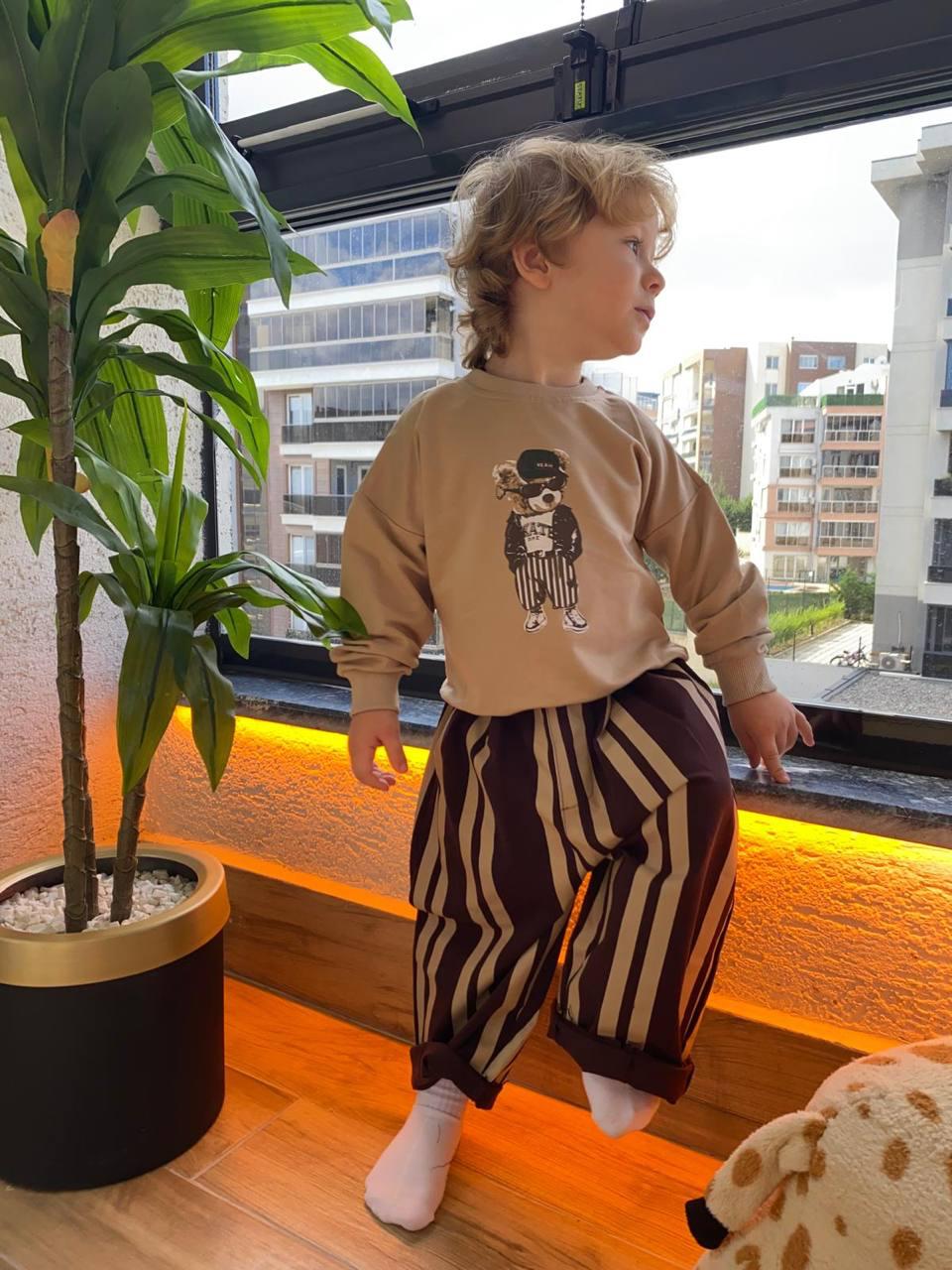 Striped Denim Pants Bear Set