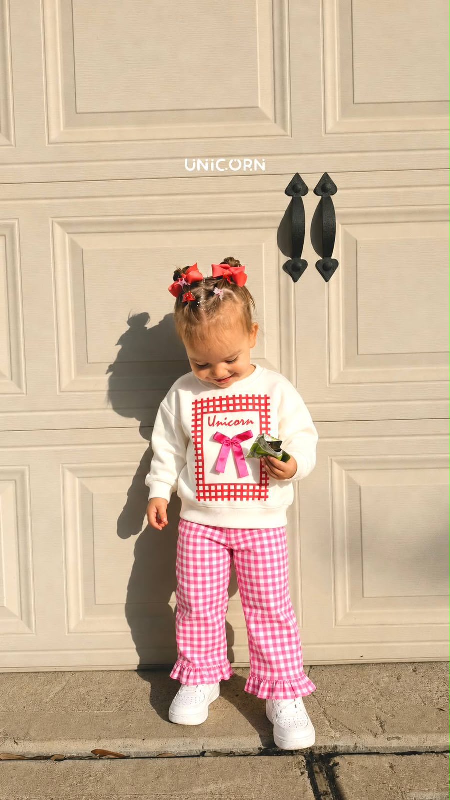 Pink Checkered Denim Bow Set