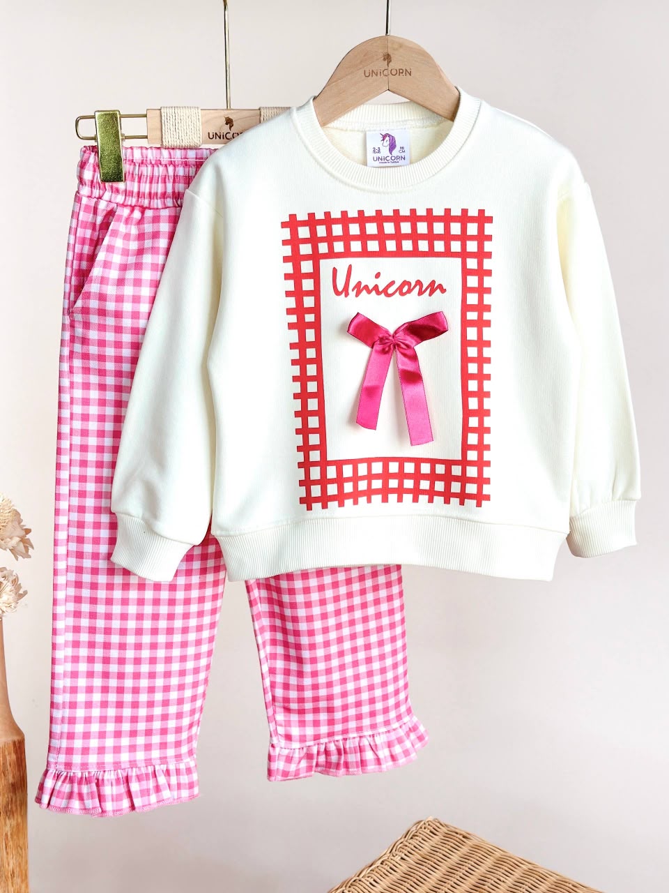 Pink Checkered Denim Bow Set