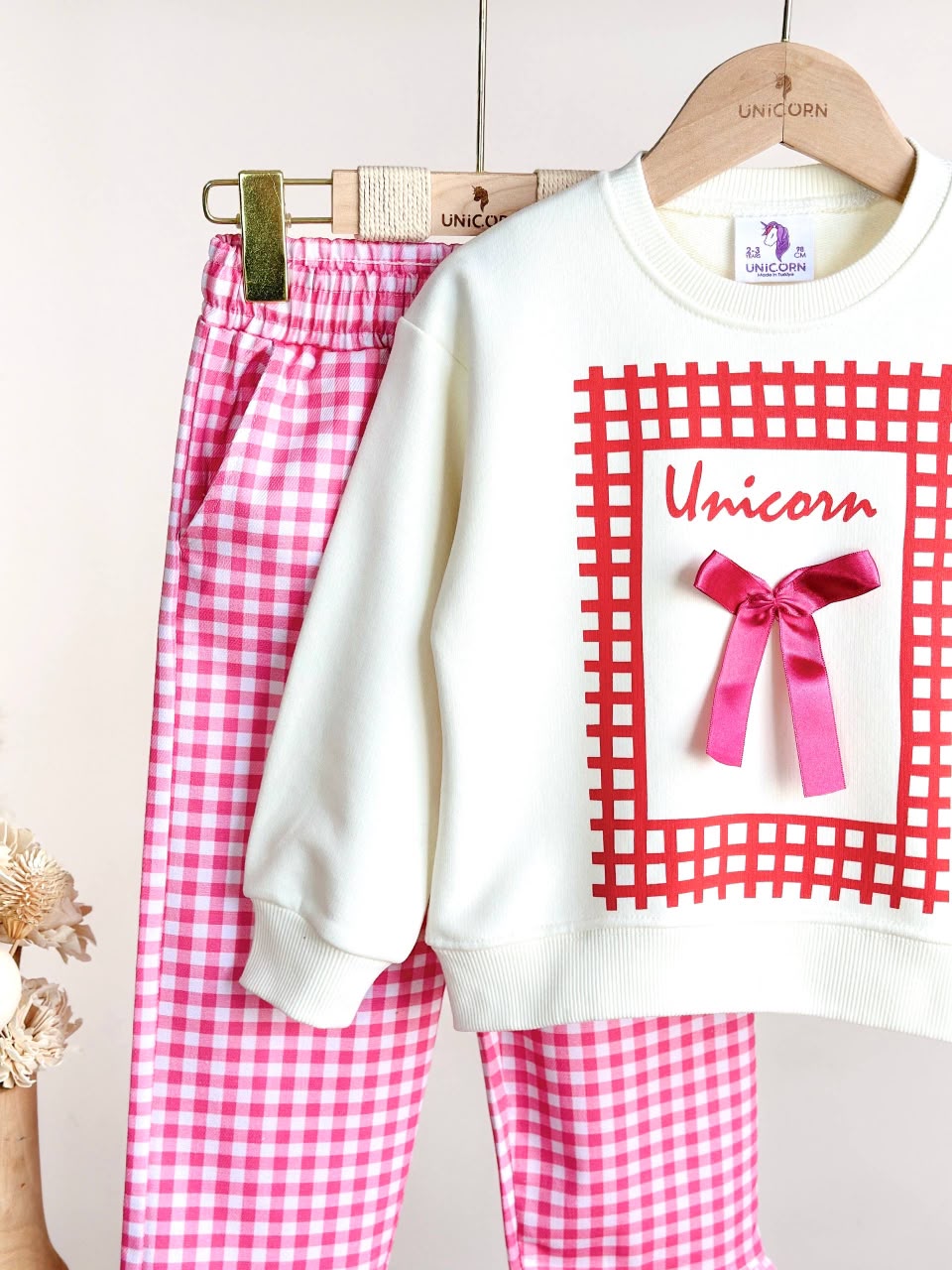 Pink Checkered Denim Bow Set