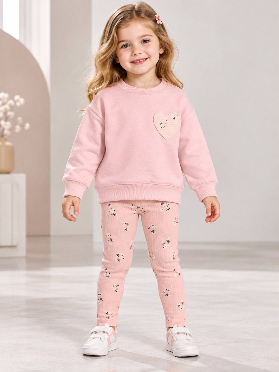 Pink Heart Patch Ribbed Legging Set
