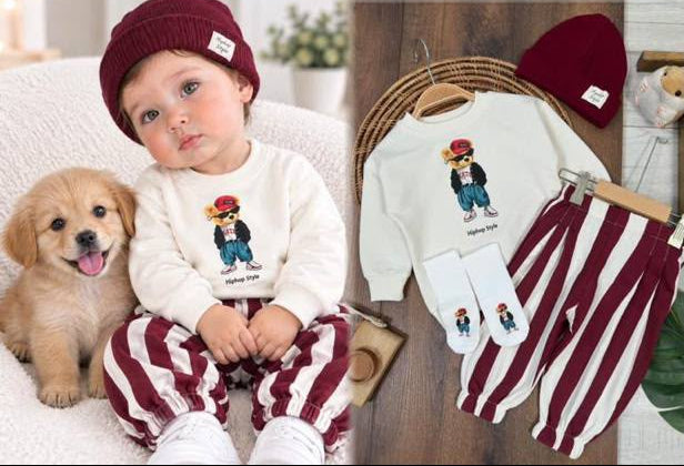Striped Burgundy 4 Pcs Baby Set