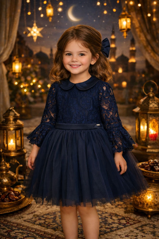 💙 Midnight Lace & Tulle Party Dress + Satin Bow Set | Monnarosa Milano